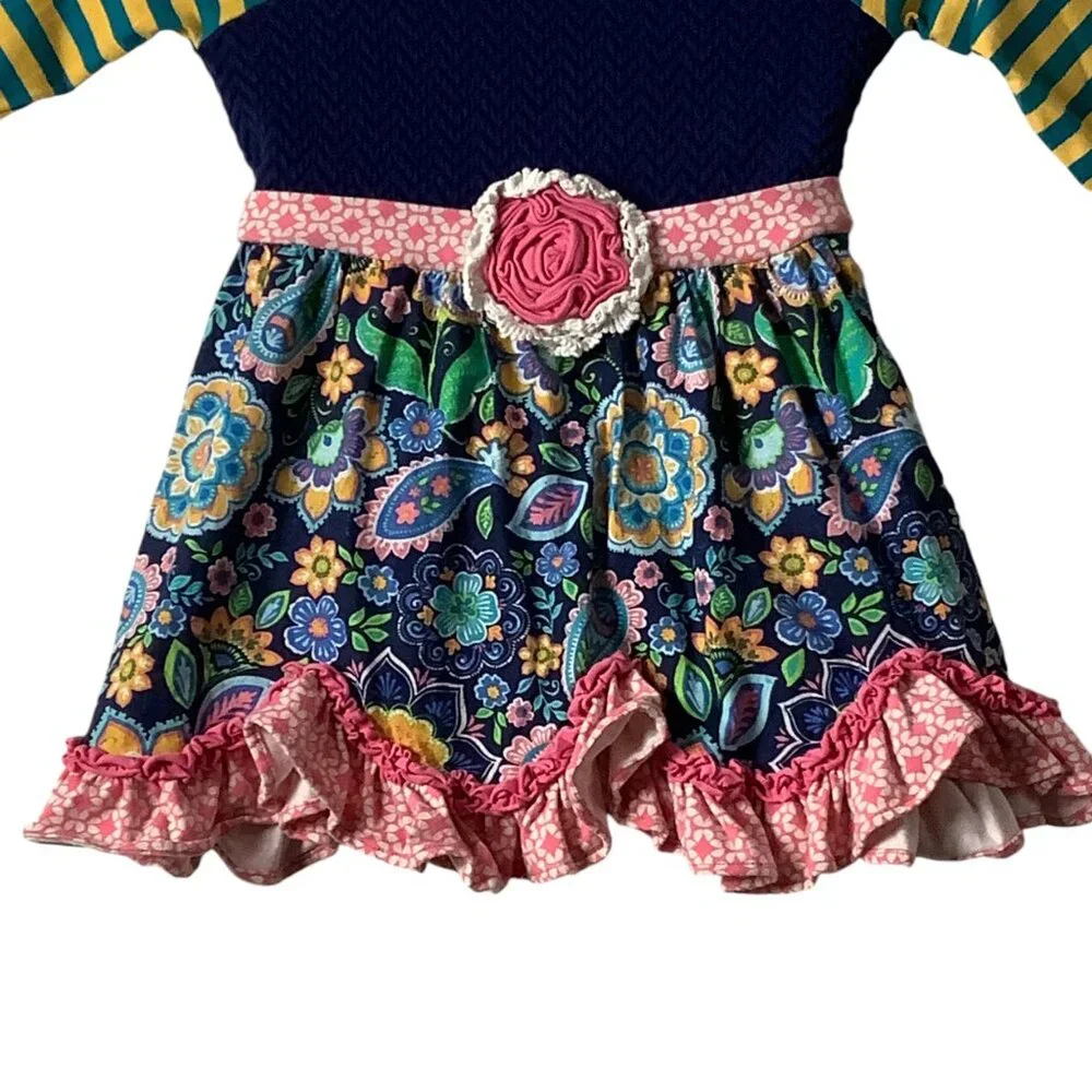 Counting Daisies Floral Dress Striped Sleeves Rose‎ Waist Detail Girl Size 6